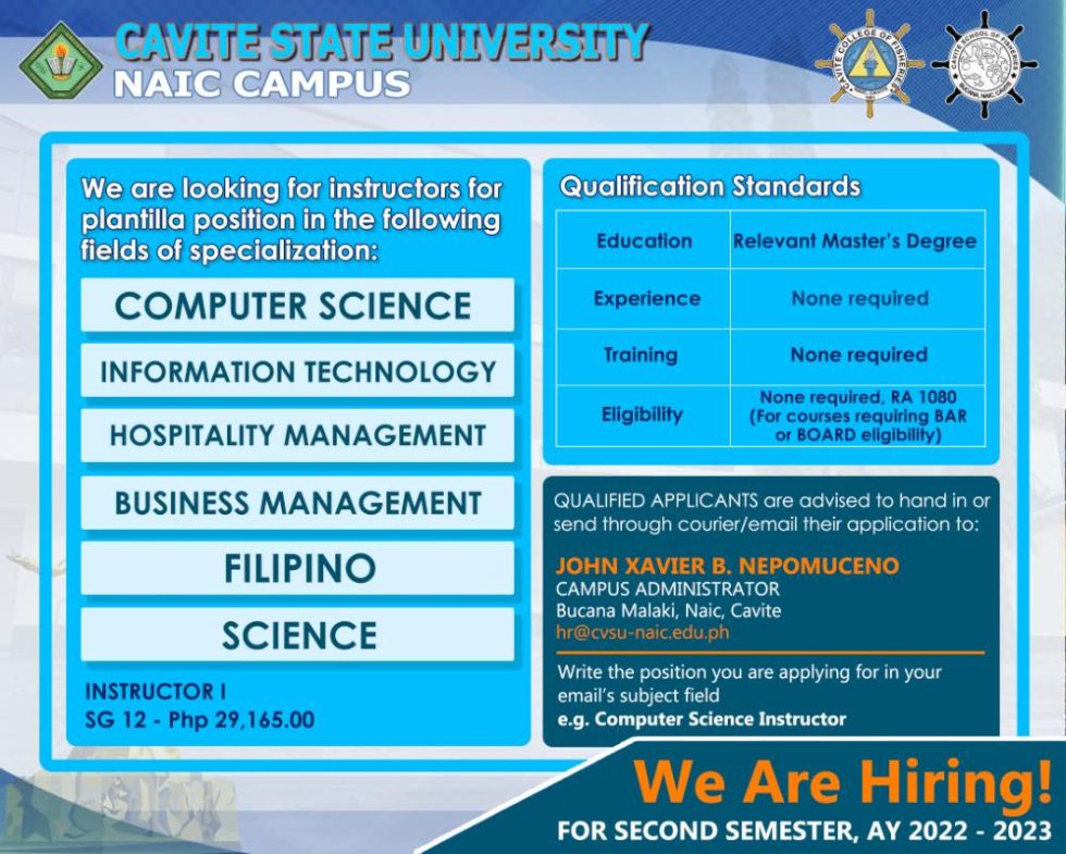 CvSU Naic Hiring January 2023 Cavite State University Naic